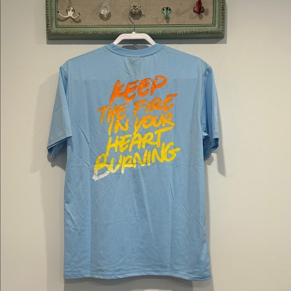Genuine Keep the Fire Burning Light Blue Tee shirt sleeve medium fire/ice nwot